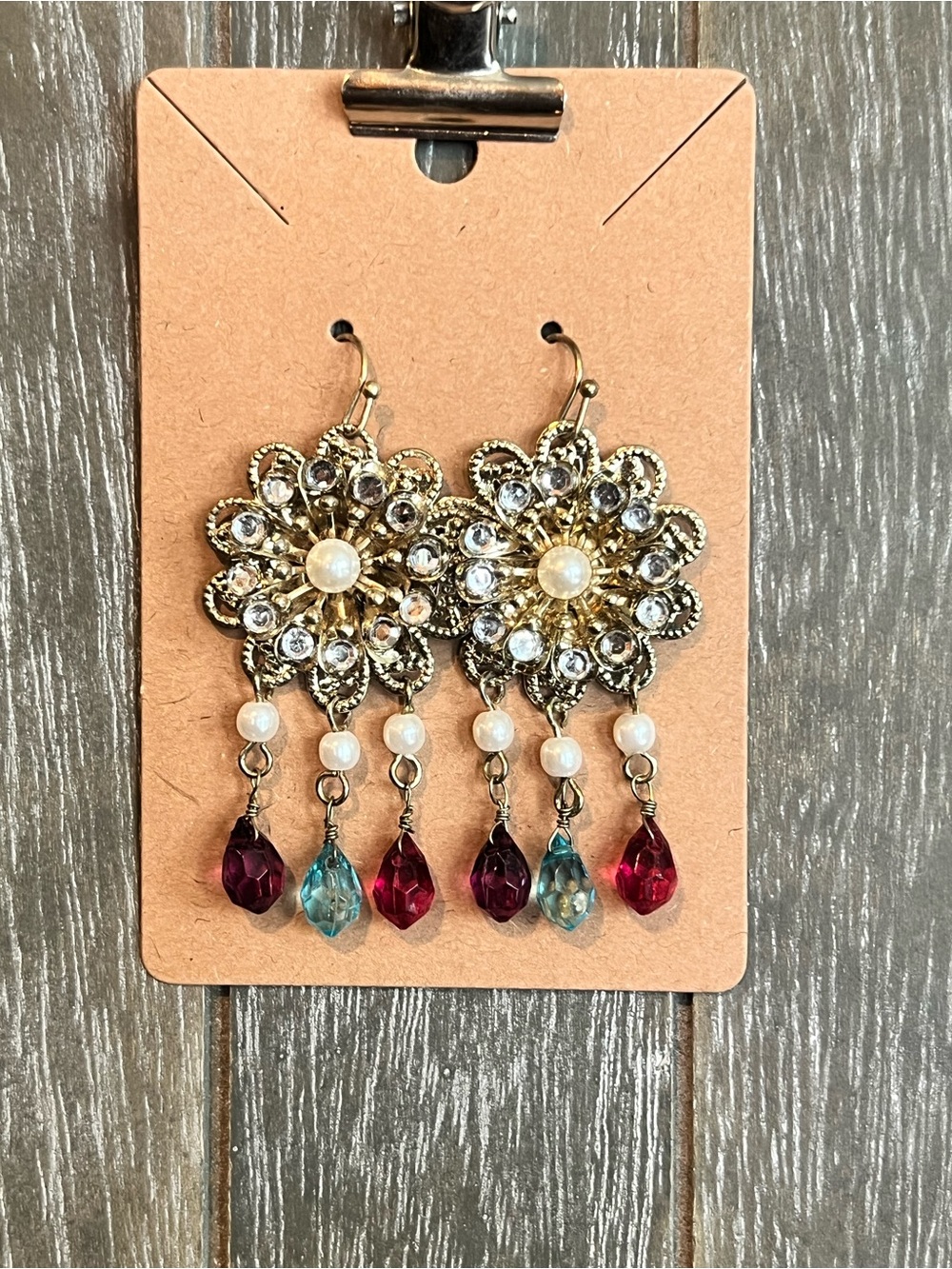 Vintage Gold Floral Dangle Earrings with Pink and Blue Drops